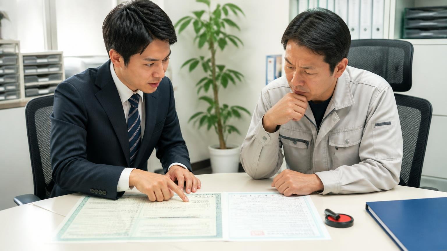 名義変更（移転登録）はいつ誰が何を使ってやるのか。事務所の机に車検証と印鑑証明書を広げ2人が書類を確認する場面