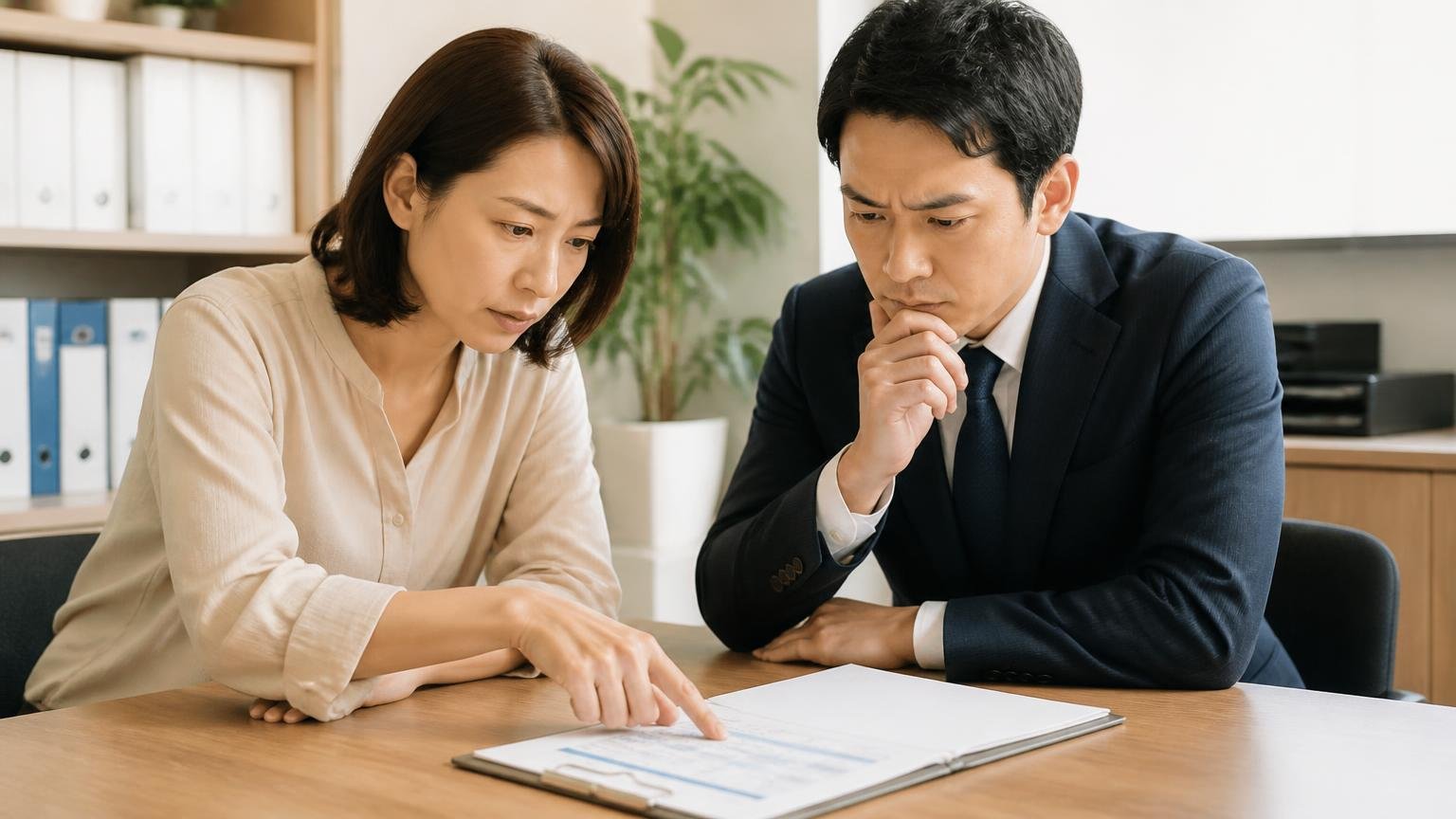 査定料・出張費・書類代行の費用を確認する。事務所で見積書の項目を指でなぞる女性1人と男性1人が真剣な表情