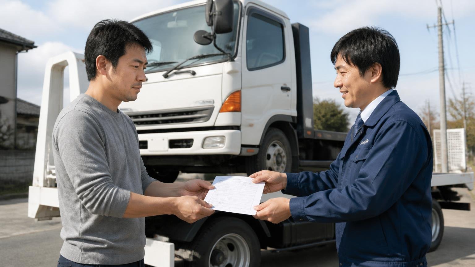 名義変更がいつ完了するかを書面で確認する｜積車に載せられるトラックの前で書類を受け取る男性と査定担当者