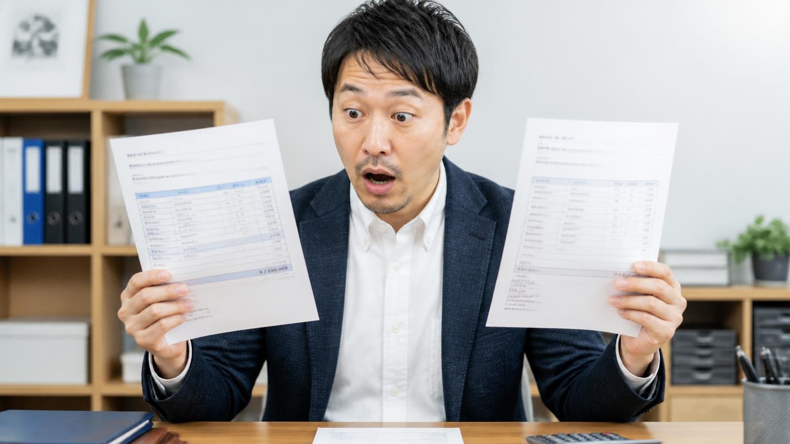 評判と査定額はまったく別の軸で動いている／事務所で2枚の見積書を左右に持って見比べる男性1人／口を開けて驚く