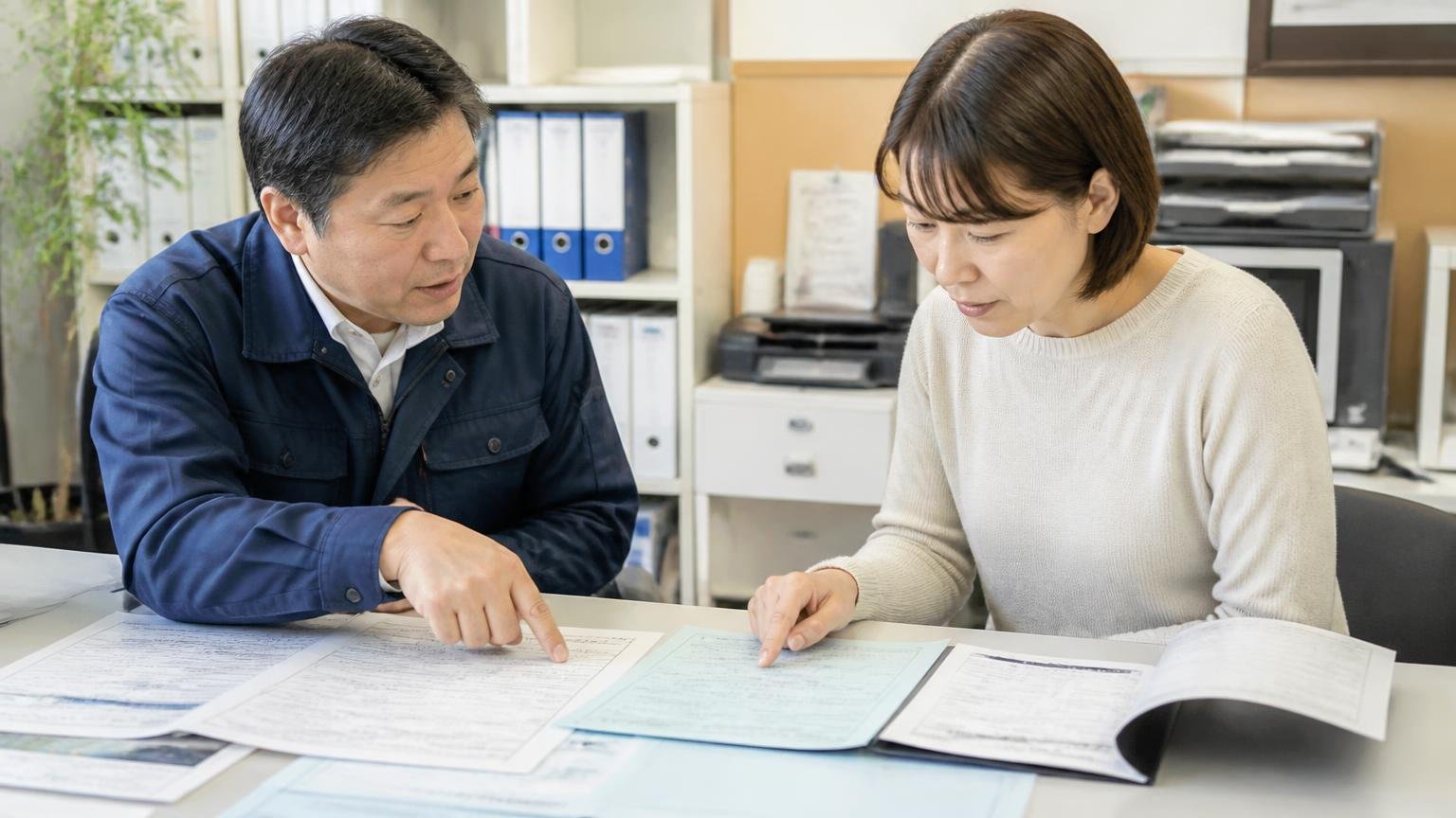名義変更とお金まわりは必ず書面と公的機関で確認する 事務所で車検証と書類を広げて確認する場面 男性1人と女性1人 書類を指さす表情