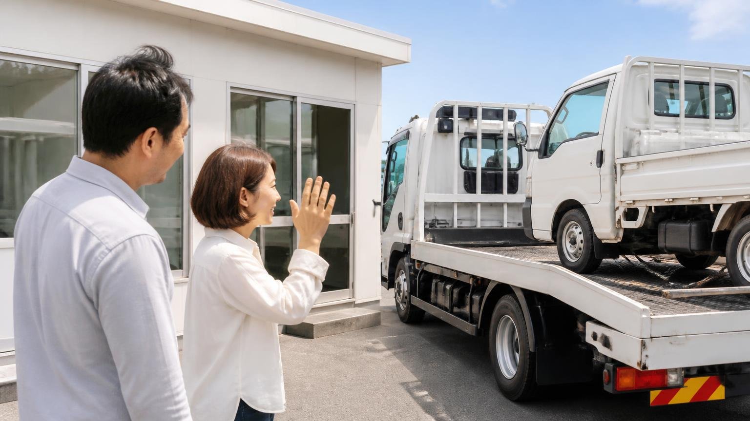 評判を読んで迷ったら金額を並べる。無料で出張査定を頼める買取業者3選 積車に載るトラックを営業所の前で見送る男女2人、晴れやかな笑顔