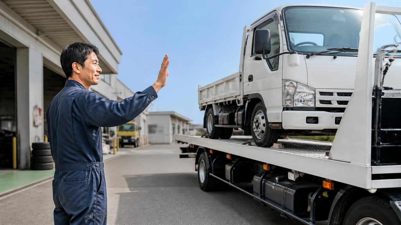 評判を確かめたら次は金額を並べる、営業所の前で積車に載せられるトラックを見送る作業着の男性1人、すっきりした表情