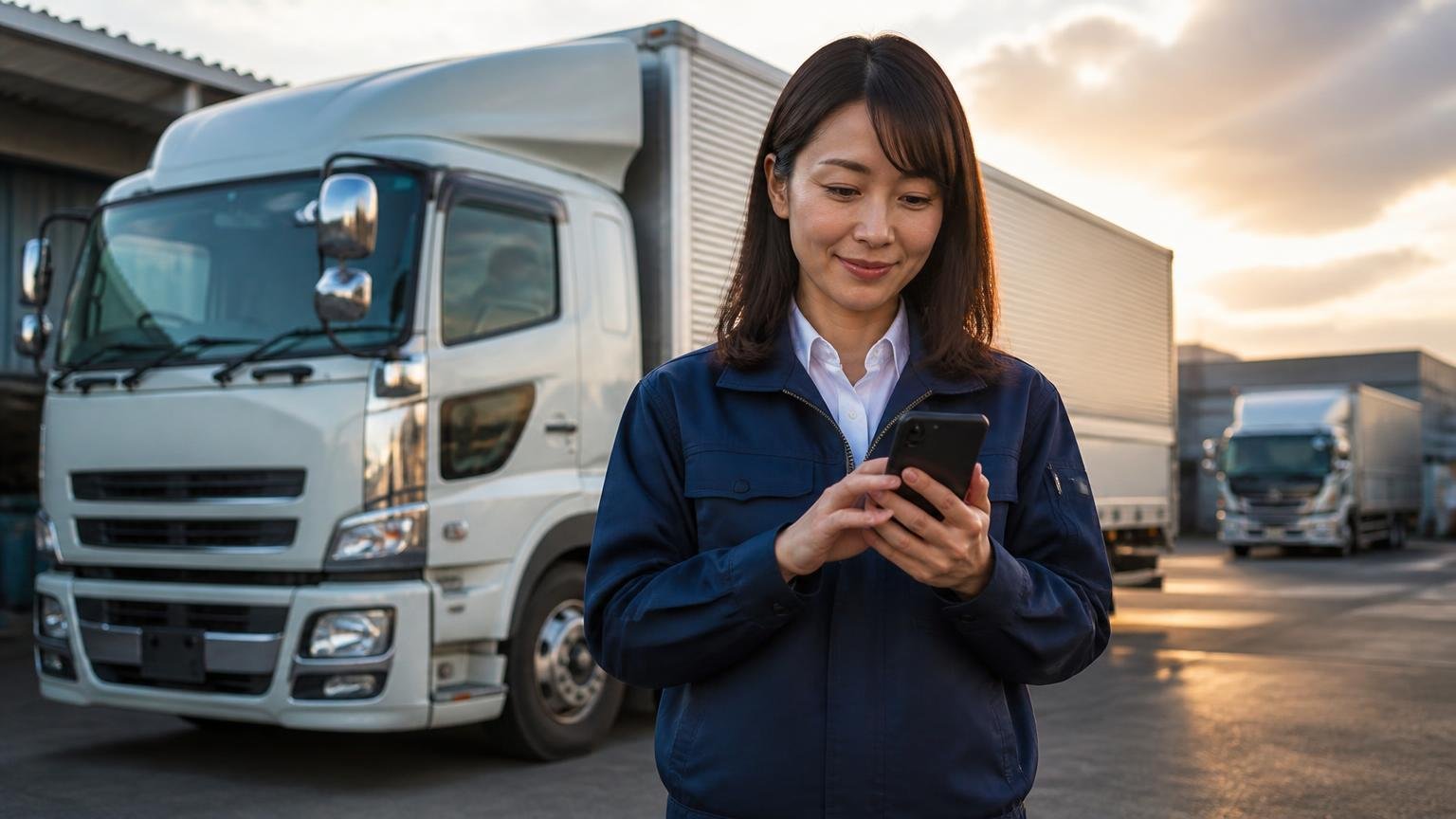若杉自動車の金額を横に並べる2社目・3社目を今日のうちに決めておきたい人へ、夕方の車庫でウイング車の前でスマホを操作する事務員の女性1人、前向き
