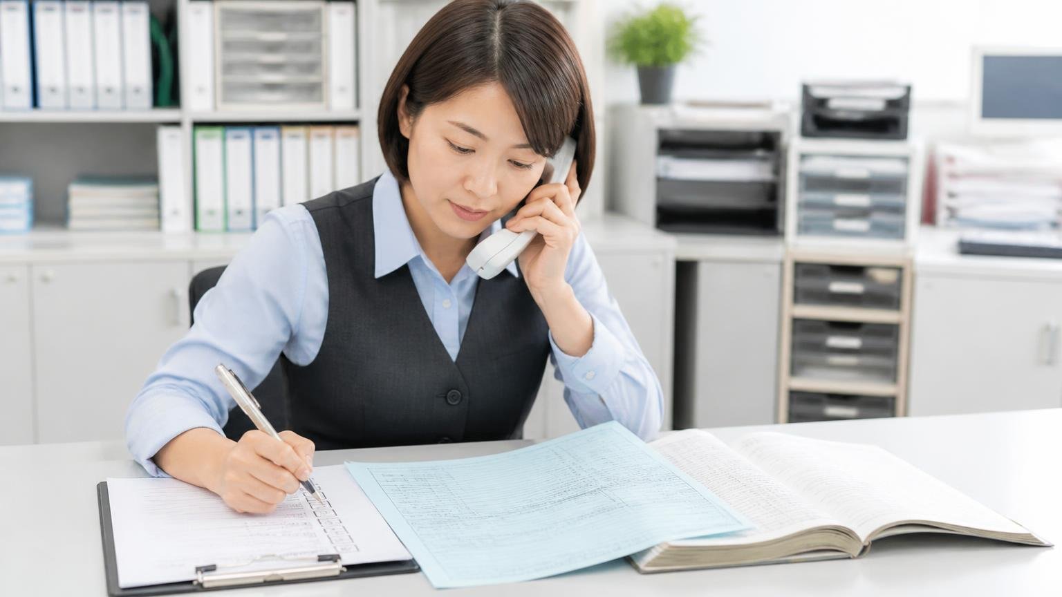 電話で聞く5つの項目と、手元に用意しておく3つの書類。事務所の机に車検証と整備記録を広げチェックリストに印をつける事務担当の女性1人