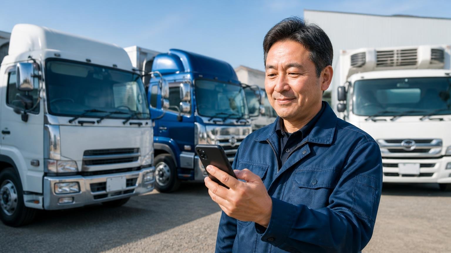 まず金額を横に並べる|無料の出張査定と書面の見積もりを取れるトラック買取業者3選 朝の車庫でスマホで査定を申し込む社長1人が前向きな表情