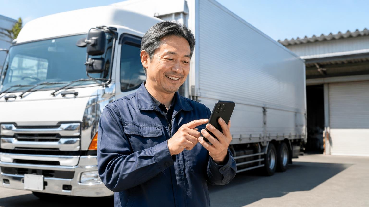北海道からでも無料で査定を申し込める、当サイトおすすめのトラック買取業者3選 営業所前でトラックを背にスマホで査定を申し込む中年男性1人 晴れやかな笑顔