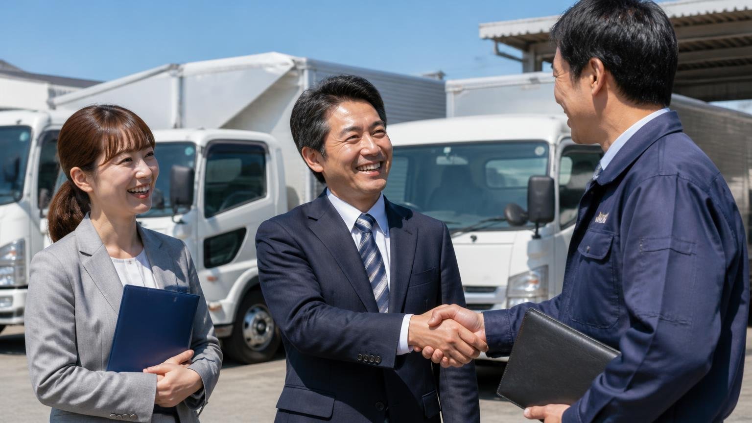 新潟のトラックを比べる「2社目・3社目」に、当サイトおすすめのトラック買取業者3選 晴れた車庫で査定員と握手し笑顔になる社長と女性事務員
