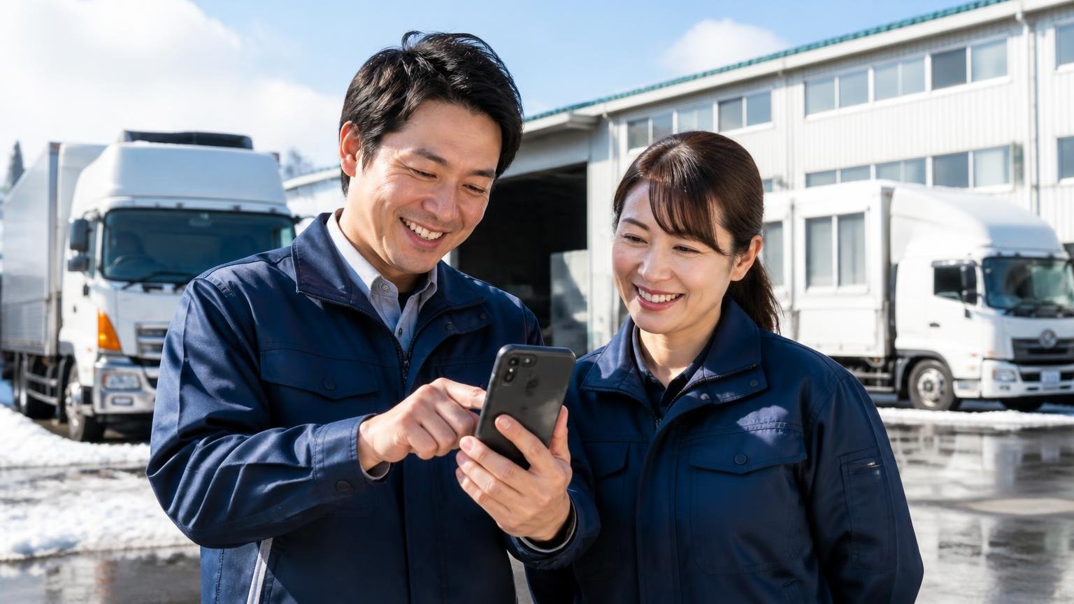 青森のトラックの金額を確かめる「比べる相手」に、当サイトおすすめの3社から無料査定を｜雪解けの営業所前で、スマホで査定を申し込み笑顔を見せる運送会社の夫婦