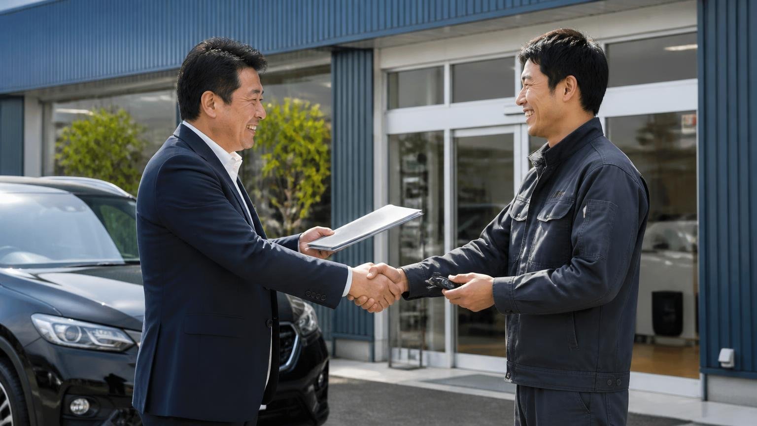 申し込みから入金までの5ステップ。営業所の前で書類と車の鍵を受け渡し笑顔で握手する社長と査定員