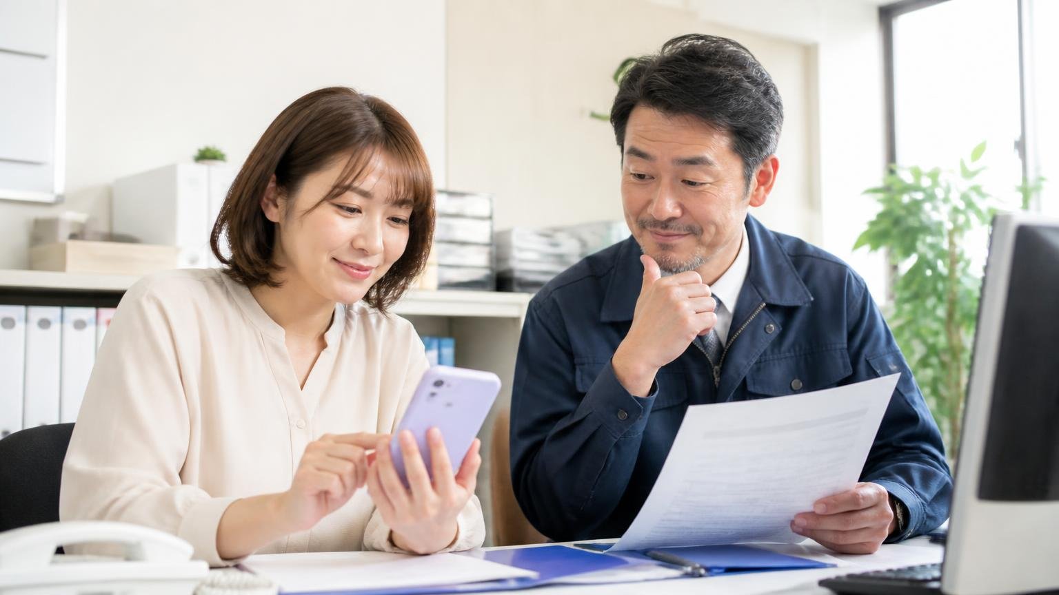 地元業者の見積もりと並べる「2社目・3社目」におすすめのトラック買取業者3選:事務所で女性事務員がスマホで査定を申し込み、隣の社長が見積書を手にうなずく
