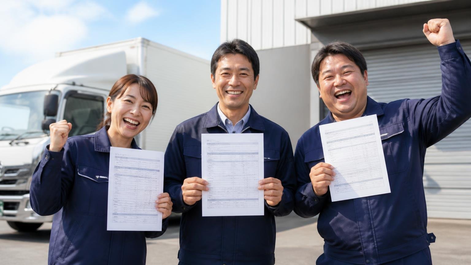 地元業者の見積もりと並べるなら、この3社の無料査定から 営業所の前でトラックの見積書を手に晴れやかな表情の運送会社の男女3人