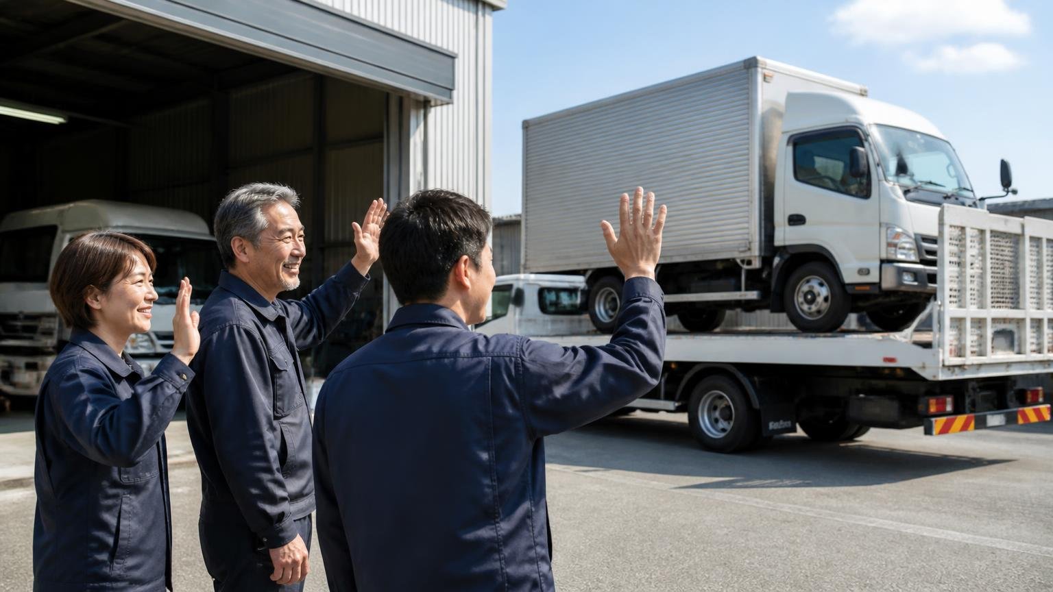 近くの業者と金額を並べるなら、当サイトおすすめのトラック買取業者3選で無料査定を 車庫から積車で運ばれるトラックを笑顔で見送る家族経営の運送会社の3人
