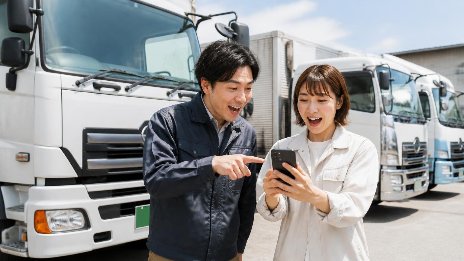 群馬のトラックを買い叩かれずに売りたい人が比較相手に選んでいるトラック買取業者3選、営業所の車庫でトラックを前にスマホで査定を申し込む男女2人