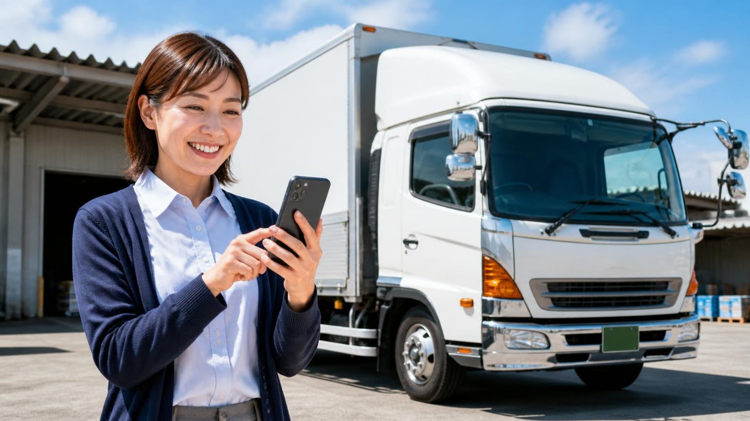 比べる相手に当サイトおすすめのトラック買取業者3選 晴れた車庫で4tトラックの前に立ちスマホで無料査定を申し込み明るい表情の運送会社の女性事務員1人