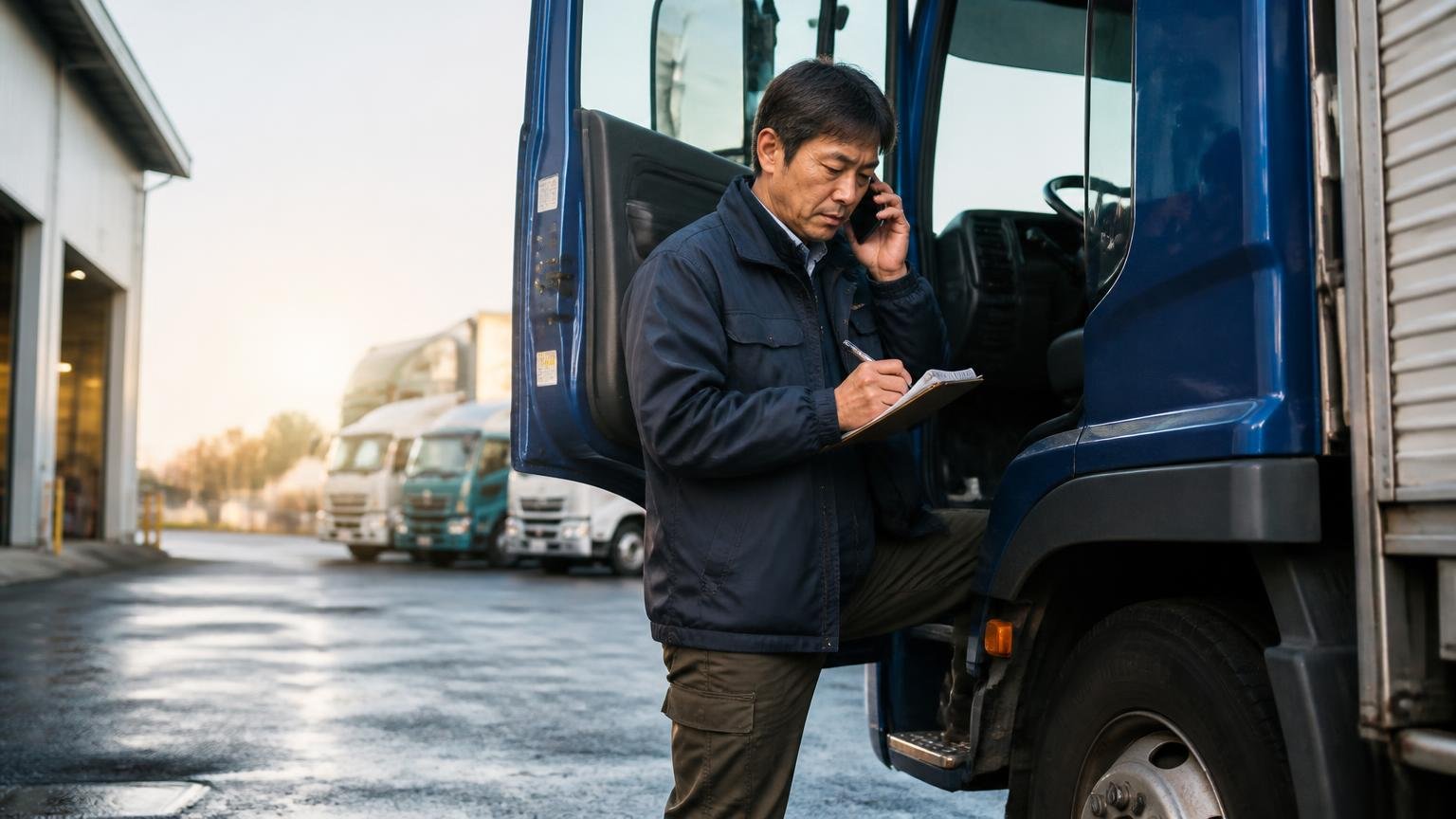 電話をかけた最初の3分で聞く3つのこと、早朝の車庫でトラックの運転席のドアを開けながら男性1人が電話でメモを取る