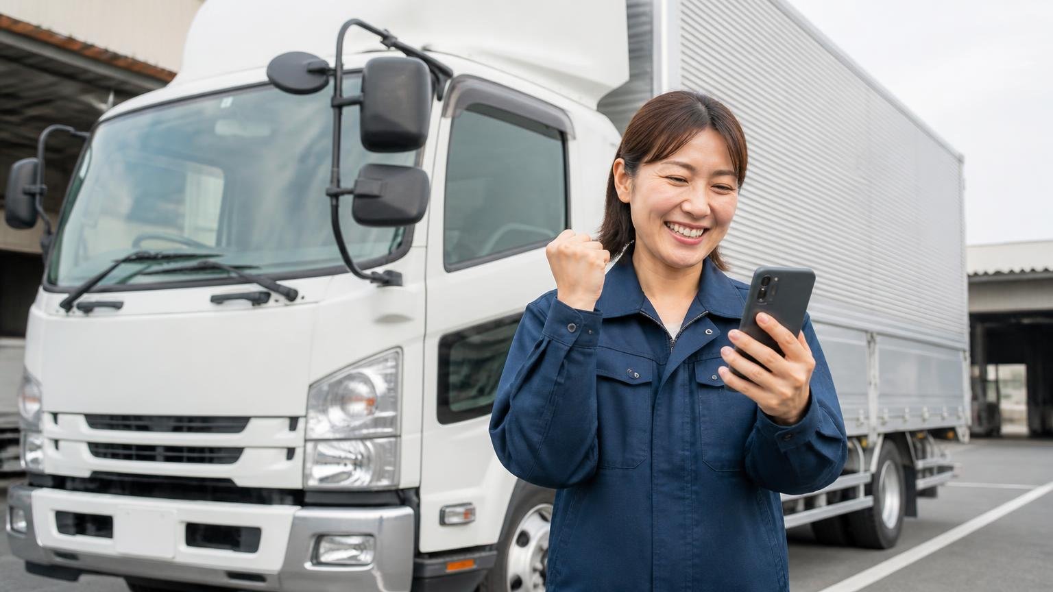 地元業者の金額と並べたい人へ 無料査定を頼めるトラック買取業者3選 営業所の駐車場で4tウイングの横に立ちスマホで査定を申し込んで笑顔になる運送会社の女性