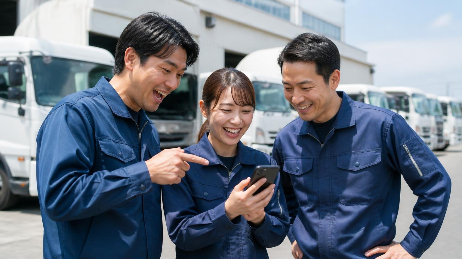 三重の地場業者と金額を並べたい人が、比較相手に選んでいるトラック買取業者3選 営業所の前でスマホの査定画面を見て笑顔になる運送会社の男女3人