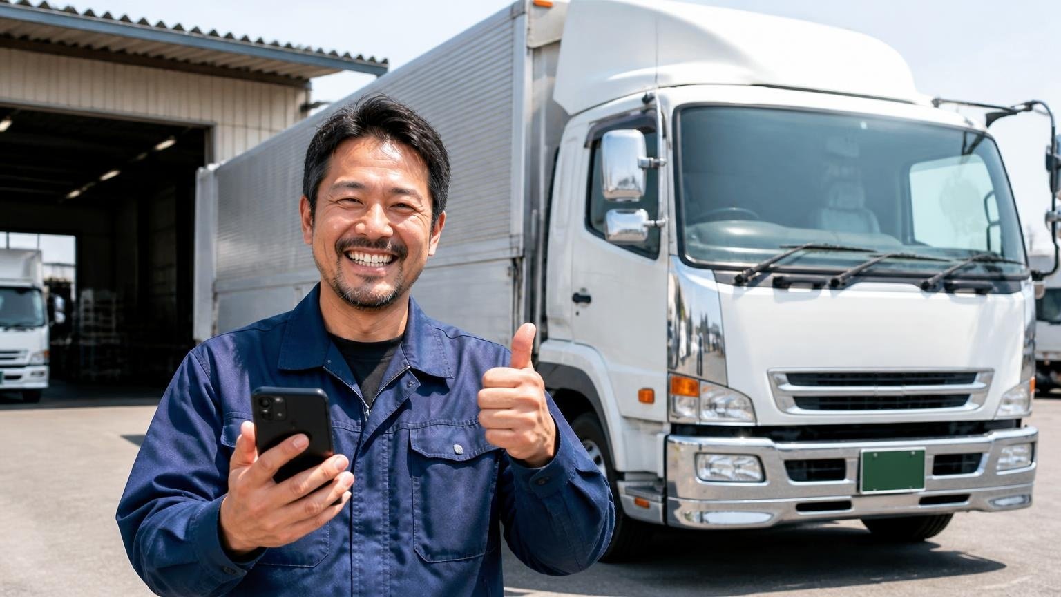 比べる相手に無料査定を頼めるトラック買取業者3選、営業所の車庫の4tトラックの前でスマホを手にした男性が笑顔で親指を立てる