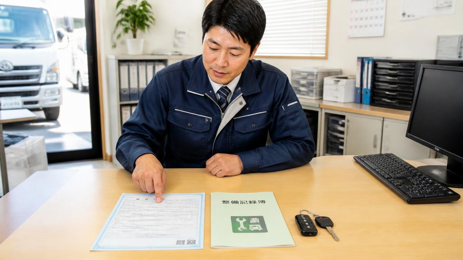 査定の前にそろえておきたい書類と付属品 営業所の机に車検証・整備記録簿・スペアキーを並べ、指差し確認する運送会社の事務員