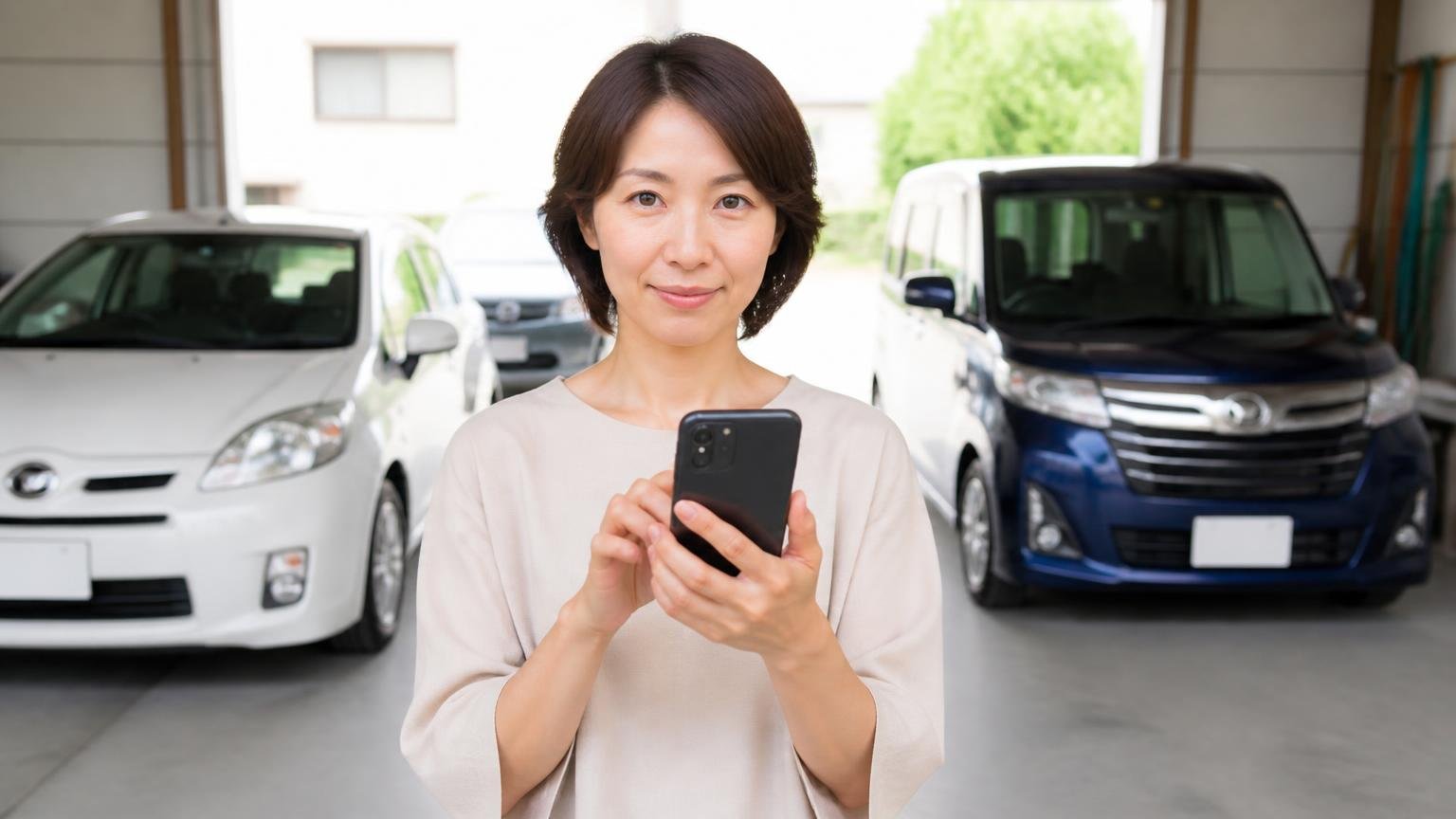 評判を読み終えたら次は金額を横に並べる、朝の車庫でスマホから査定を申し込む、女性1人、前を向いた表情