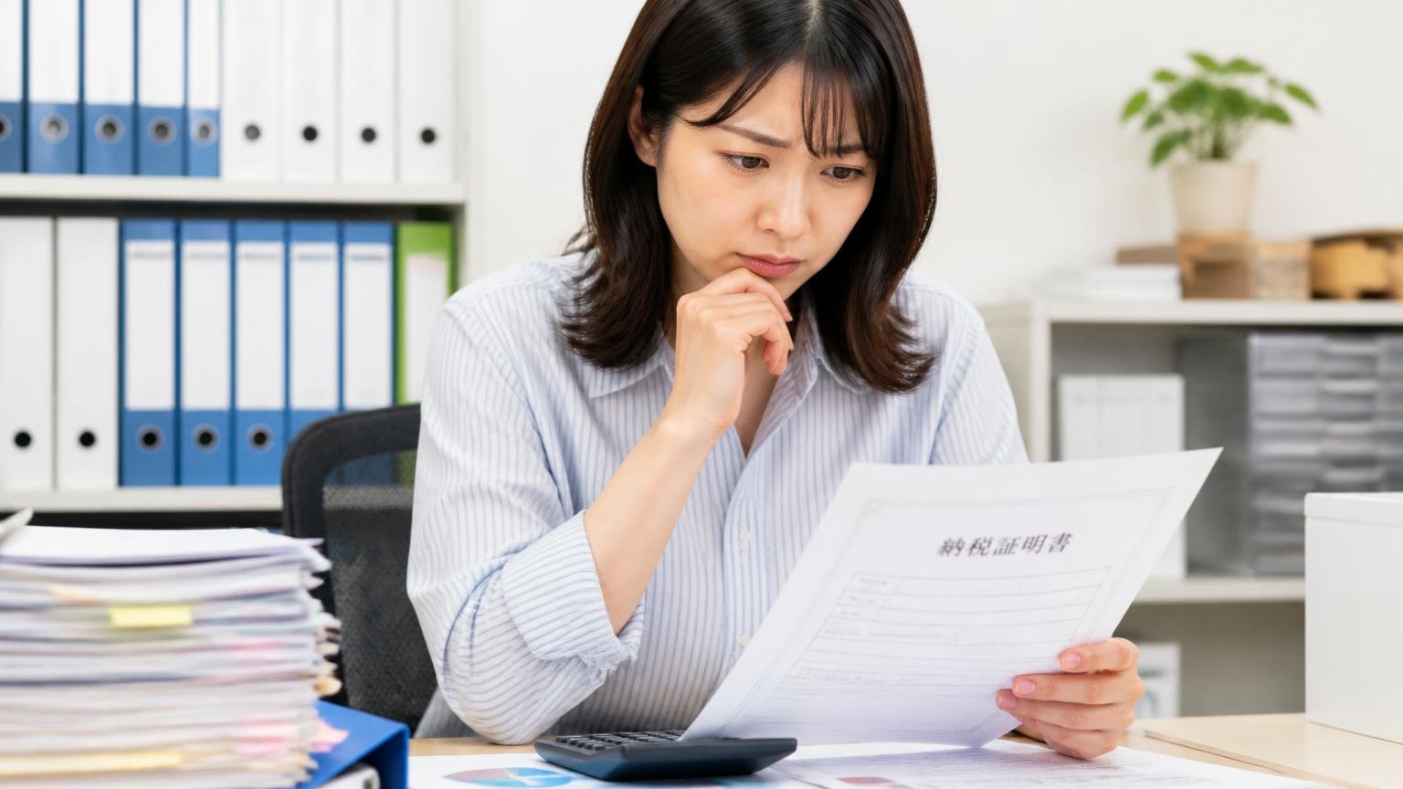 税金や還付の扱いを確認する。事務所で納税証明書と電卓を前にする女性1人が考え込む