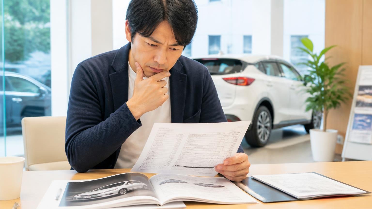 ディーラー下取りや一括査定サイトも否定しなくていい ディーラーの商談席で新車カタログと見積書を見比べる男性1人