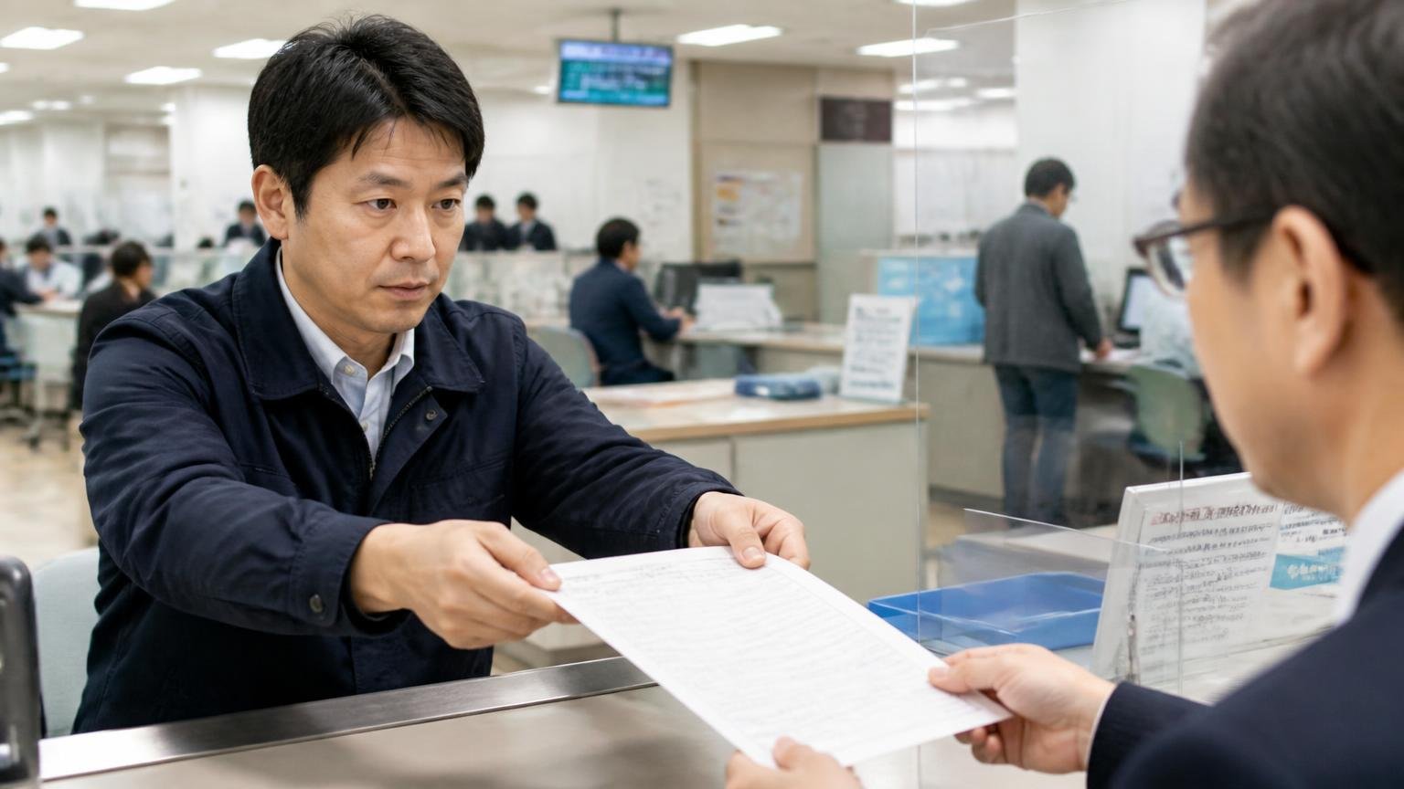 自動車重量税の還付は永久抹消登録と同時でないとできない|運輸支局の窓口で申請書を差し出す男性1人が真剣な表情