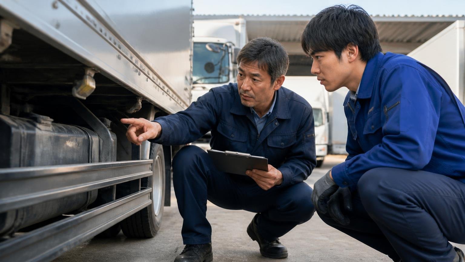 電話概算と実車査定の違い。早朝の車庫でトラックの下回りをしゃがんで確認する男性2人が真剣な表情