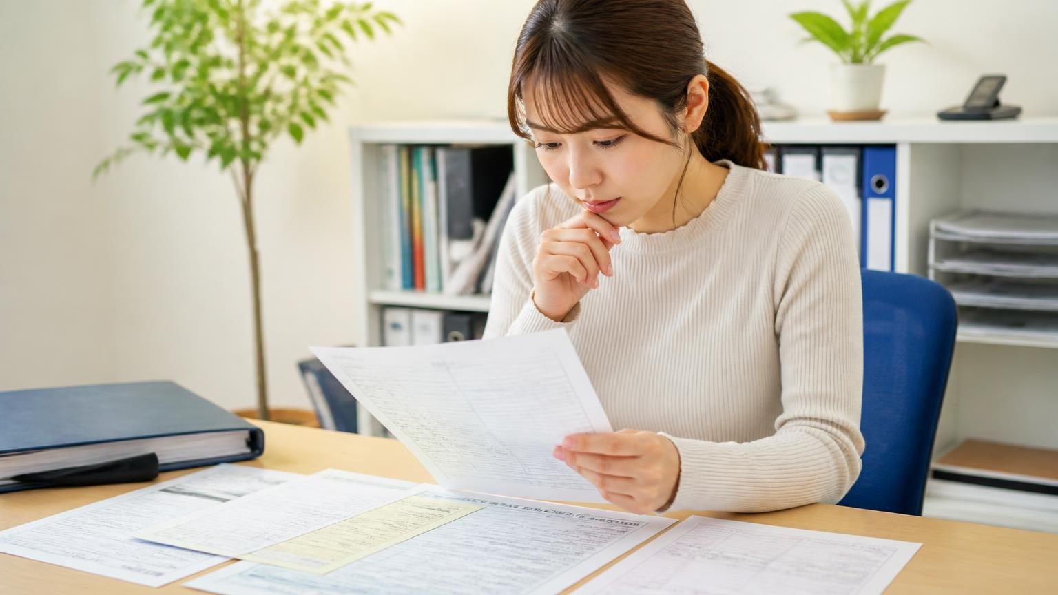 査定当日までに用意しておく書類 事務所の机に車検証や書類を広げる場面 女性1人 書類を確認する表情