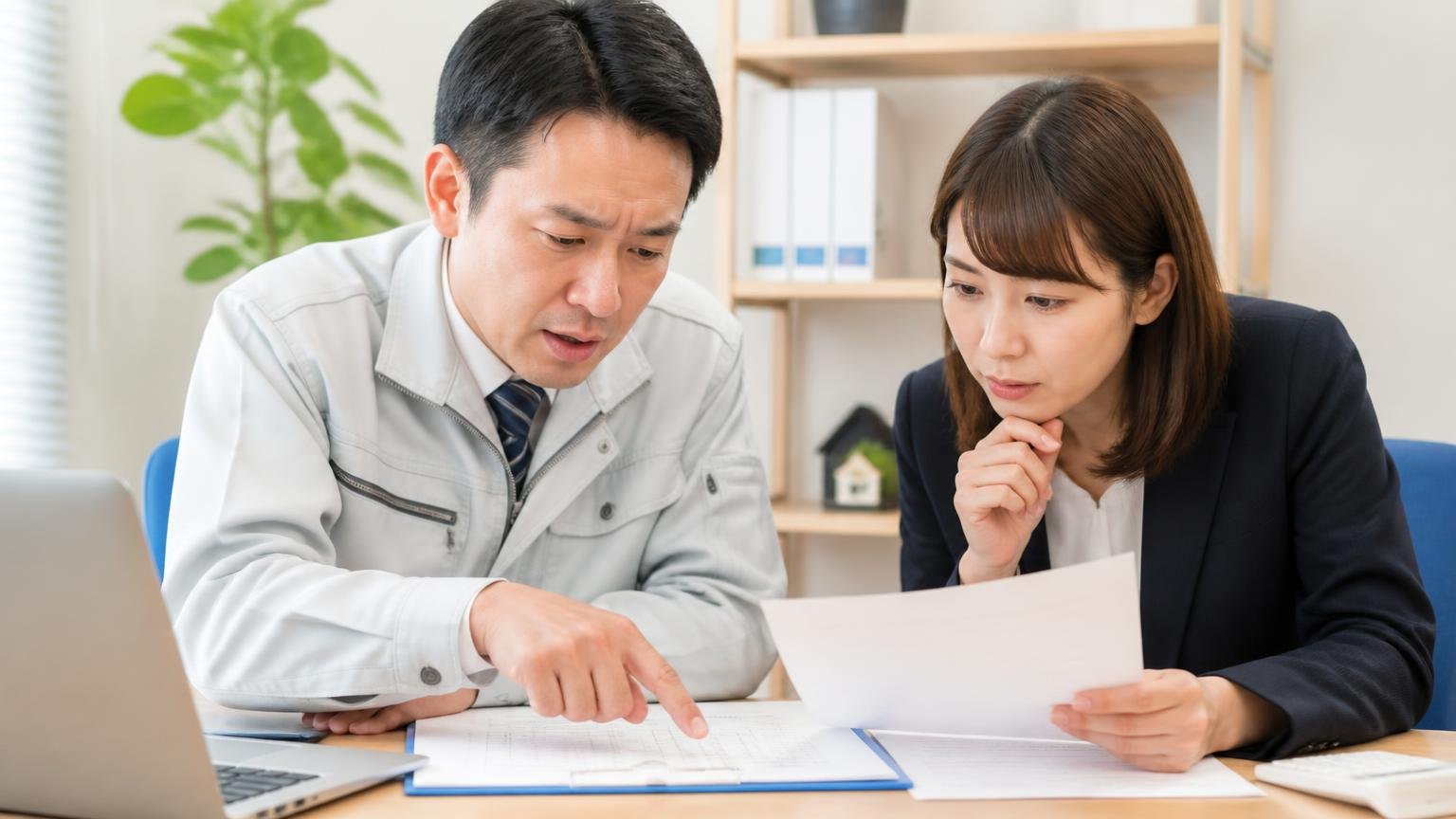 リサイクル料金・税金まわりは断定せず必ず確認する。事務所の机で見積書の内訳を指さす場面。男女2人が書面を見比べる