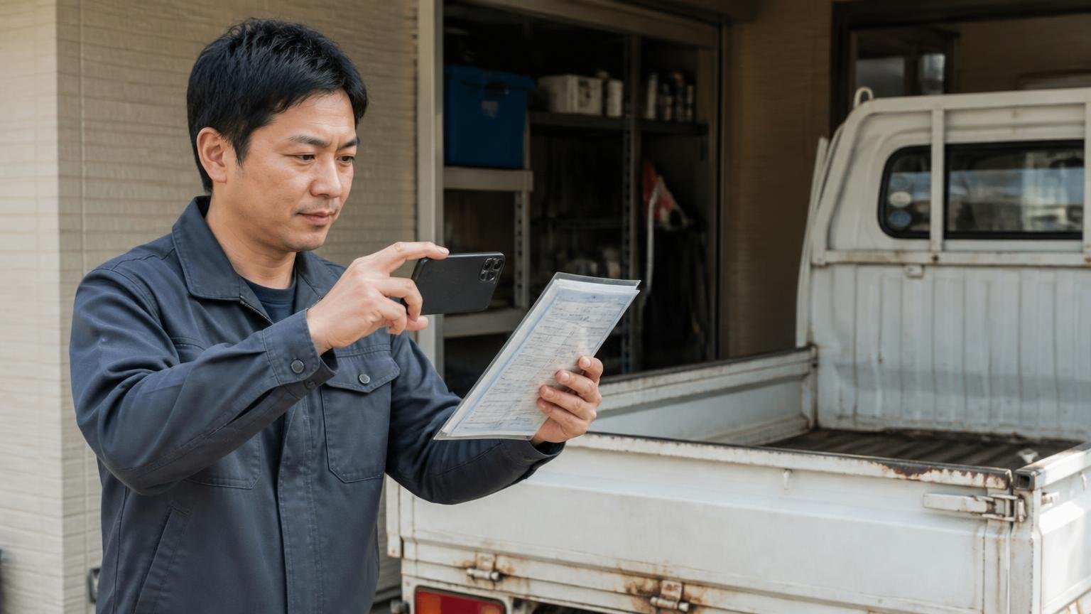 電話で伝える情報を先に手元にそろえる。車庫で車検証とスマホを持つ男性1人が荷台を撮影する