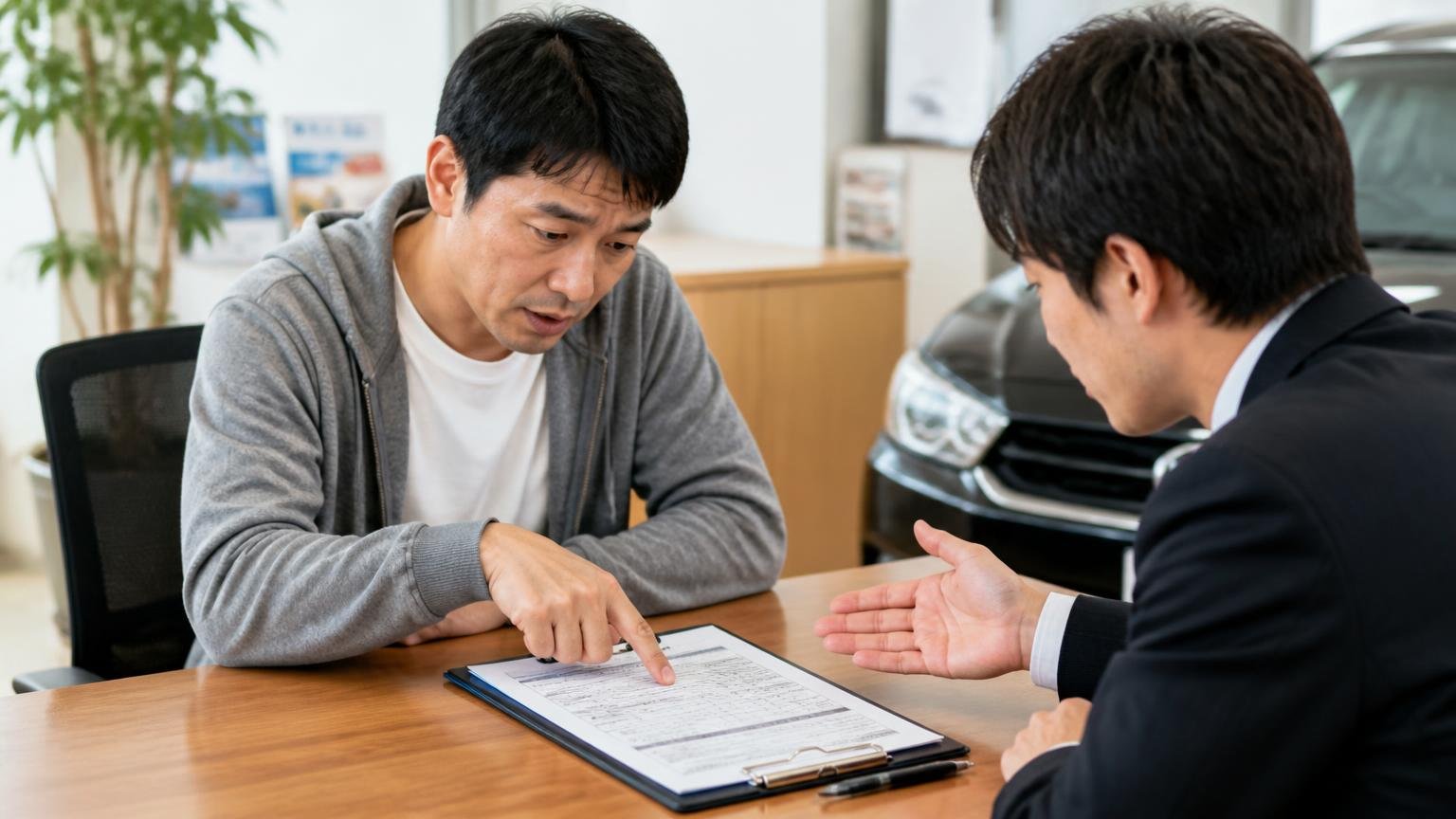 見積書で必ず確認すること(名義変更・税金・リサイクル料金)、買取店の事務所で見積書の項目を指でなぞり担当者に質問する男性客と担当者の2人