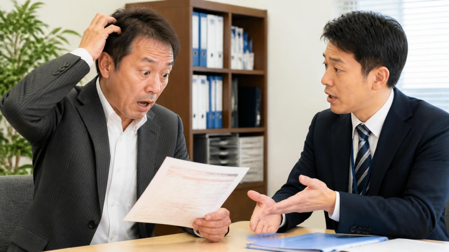 自動車税は名義変更では還付されない。事務所で納税通知書を手に驚いた表情を見せる経営者と説明する担当者