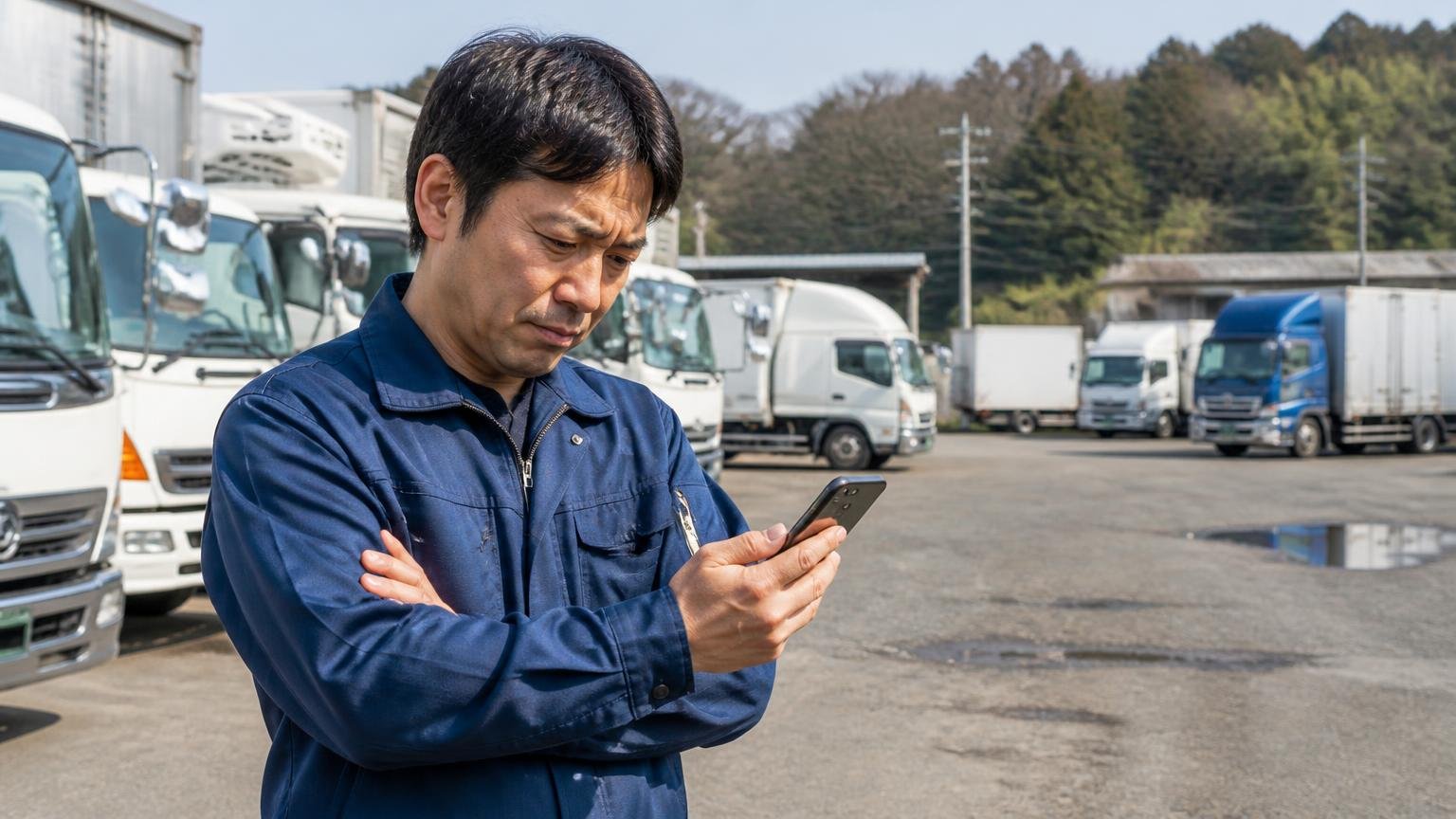 向いていない人・もう1社必要な人。遠方の車庫でスマホの地図を見ながら腕を組んで悩む男性1人