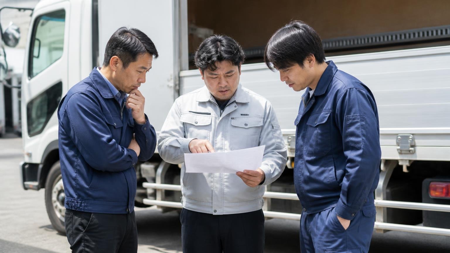 見積書を受け取ったら必ず見る5項目 屋外でトラックの荷台まわりを確認する場面 男性3人 見積書を手に話し合う