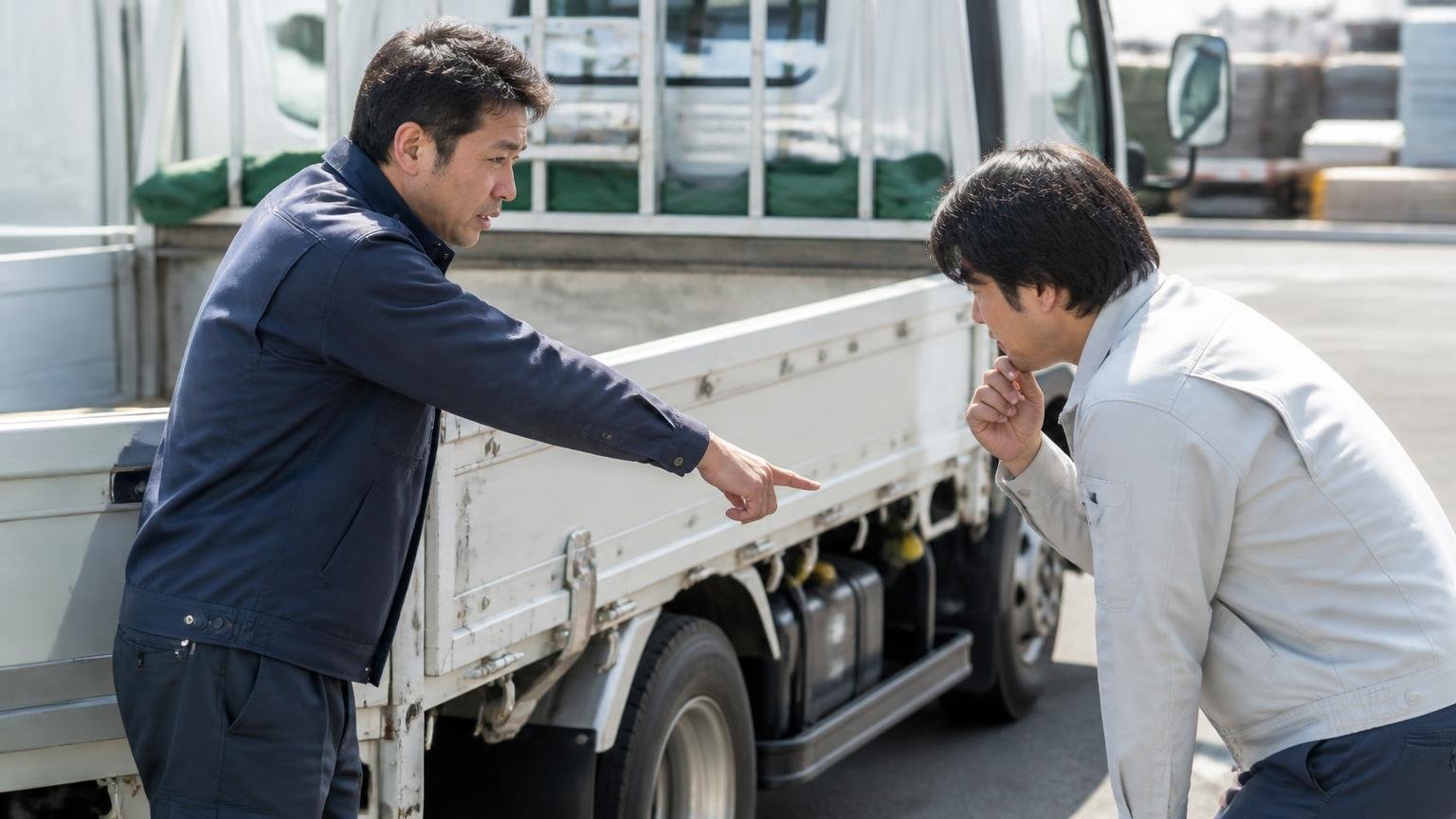 どんな場合にいくら下がるのか減額の条件を確認する。トラックの荷台まわりを確認する屋外で男性2人が指差して話し合う