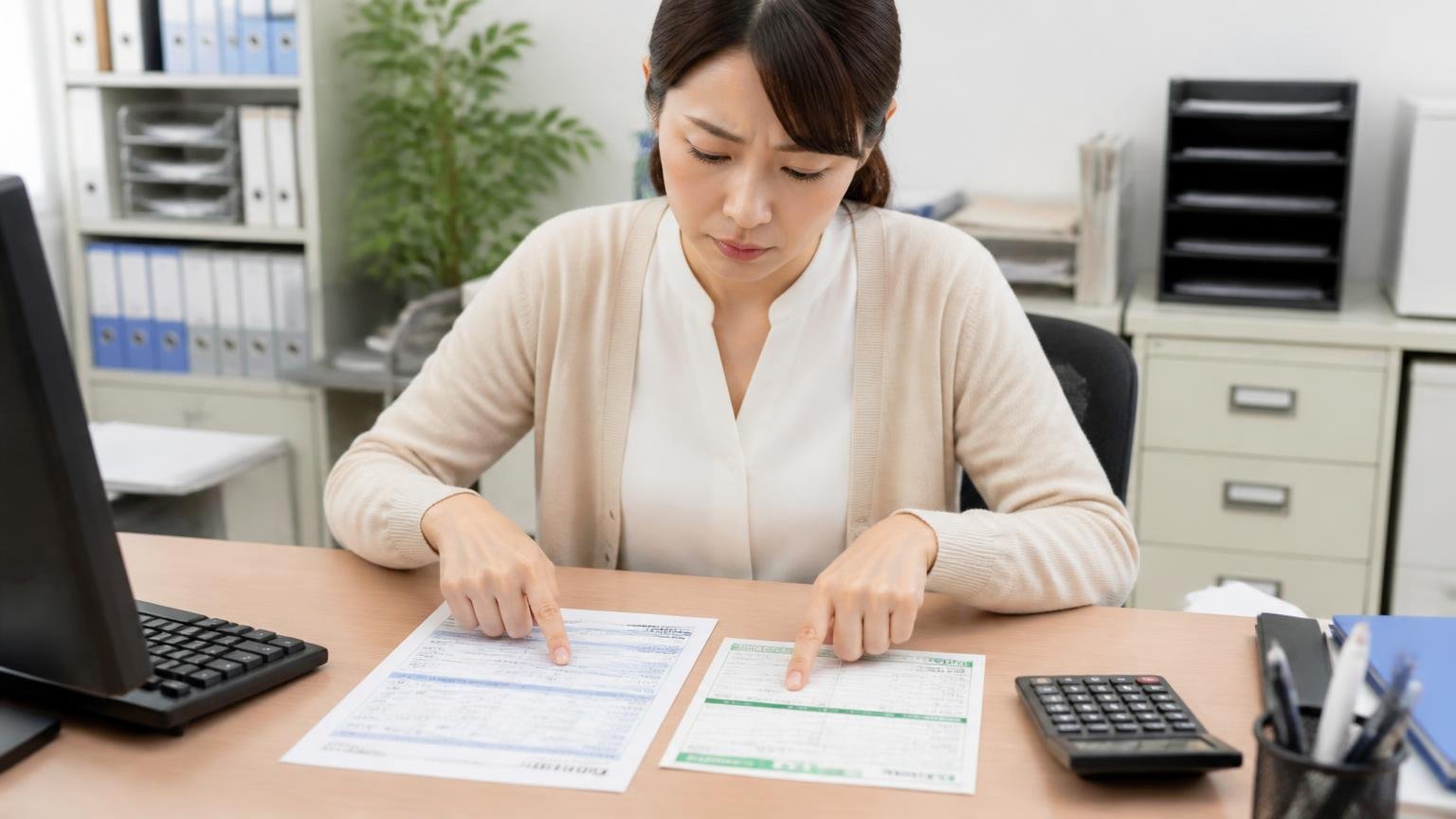 リサイクル料金の扱いを確認する｜事務所の机で見積書とリサイクル券を並べて指さし確認する女性事務員