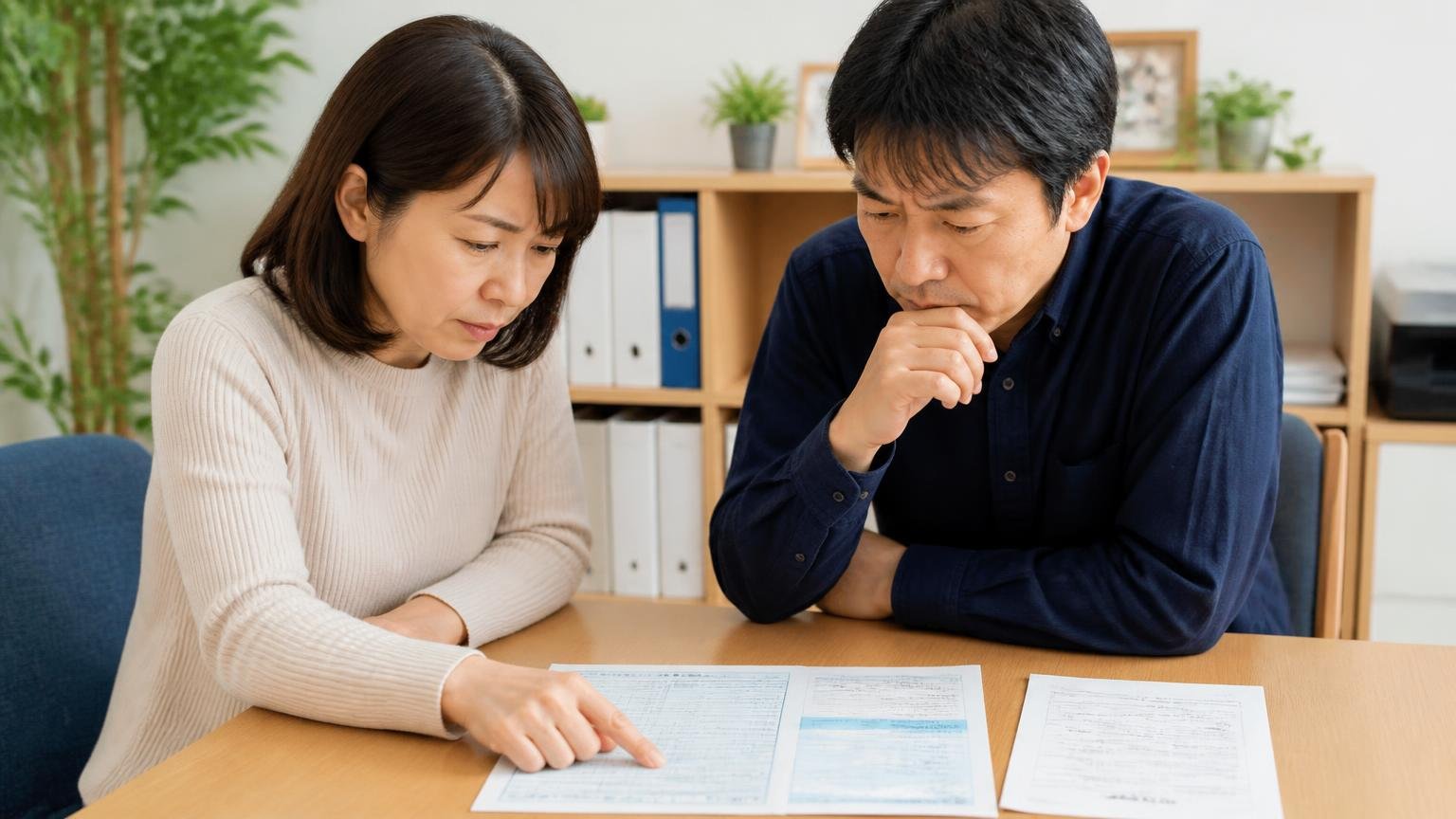 査定を受ける前にそろえておくもの 事務所の机に車検証やリサイクル券を並べて確認する女性と男性