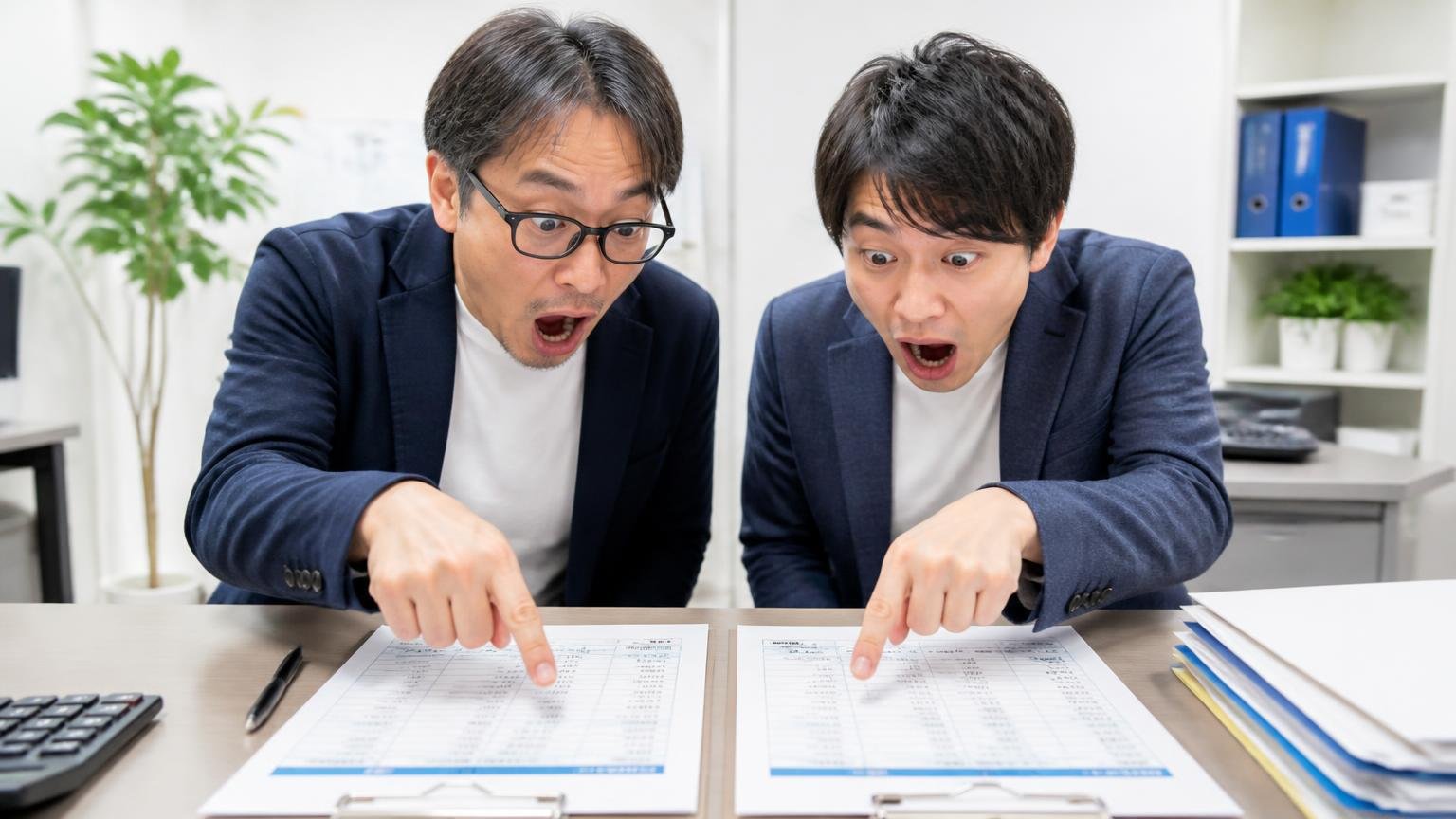 金額の物差しは他社の数字を横に並べた瞬間に手に入る／事務所の机に2枚の見積書を並べて指で差す2人／目を丸くして声を上げる