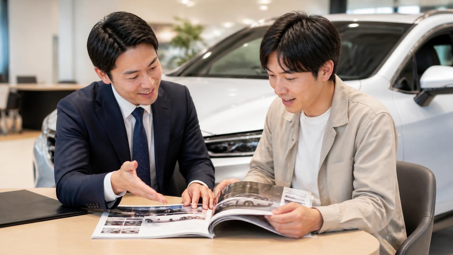 ディーラー下取りや一括査定も場面によっては合理的 ショールームで新車の納車説明を受ける場面 男性2人 カタログを開いて話す表情