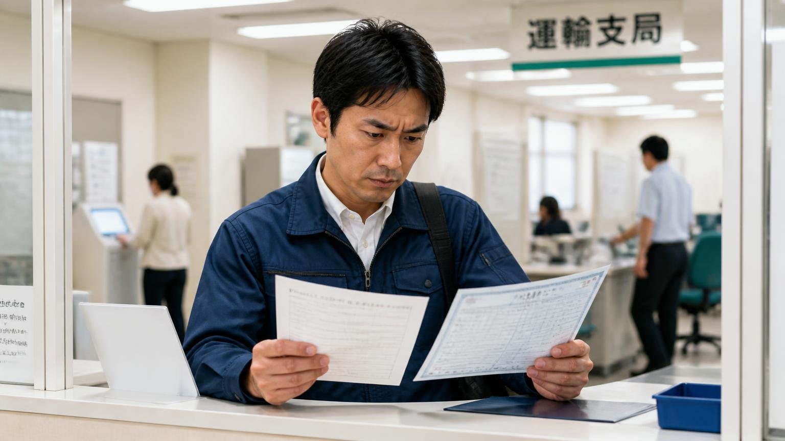 名義変更・リサイクル料金は「書面で・いつまでに」を確認する。運輸支局の窓口で譲渡証明書と車検証を確認する運送会社の担当者1人、慎重な表情