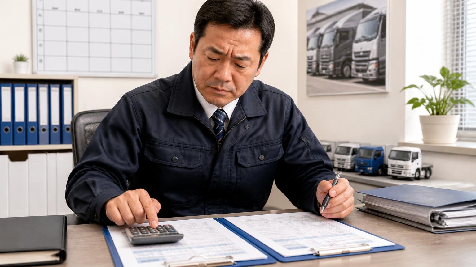 査定額は「最終的に受け取る金額」で比べる 事務所で2社の見積書を横に並べ、電卓で差し引きを計算する中年の運送会社社長