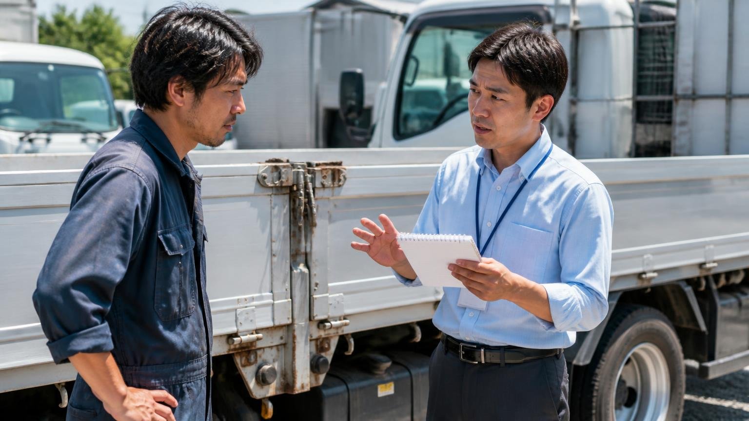 査定当日に聞く5つの質問。トラックの荷台まわりを確認する屋外で、男性がメモを見ながら査定士に質問する