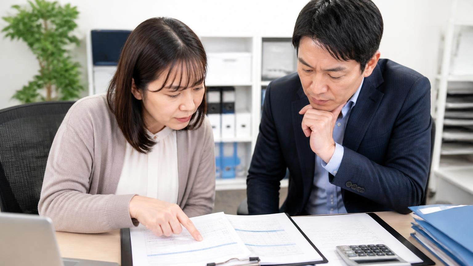 見積書の確認項目。事務所の机で見積書を指でなぞりながら項目を確認する女性1人と男性1人