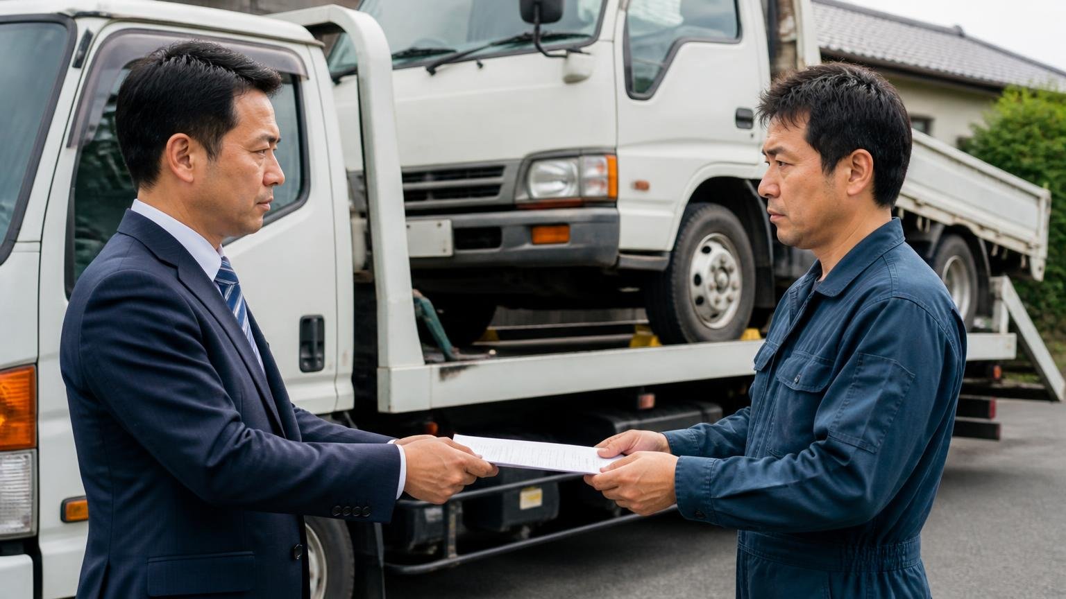 名義変更とリサイクル券はいつ誰がを必ず書面で 積車に載せられるトラックの前で書類を渡す場面 男性2人 引き締まった表情