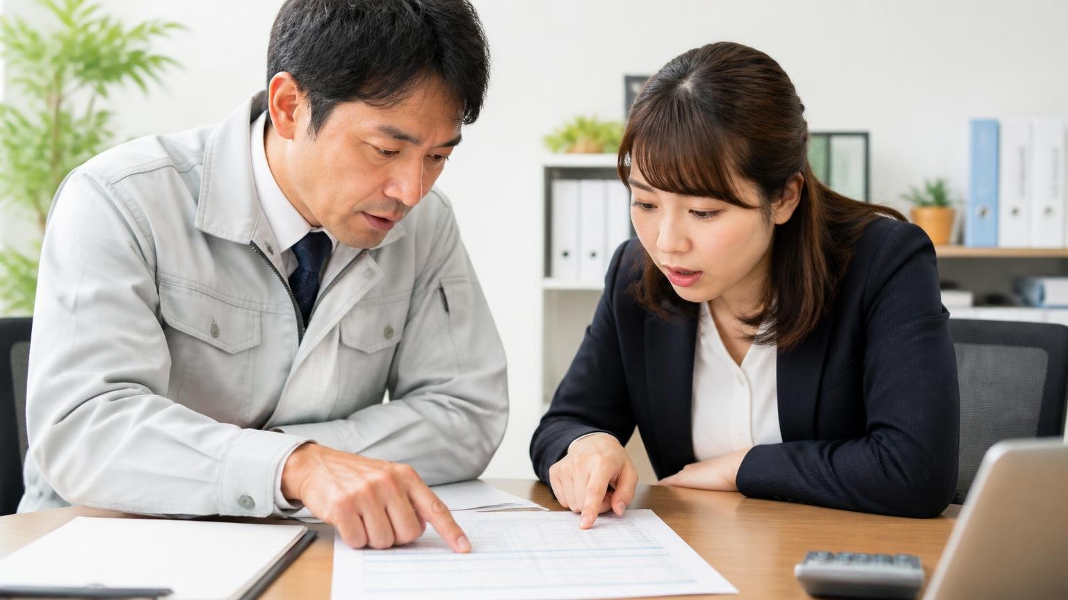 見積書は総額いくらではなく内訳で見る。事務机で見積書の項目を指でなぞる男女2人が確認する