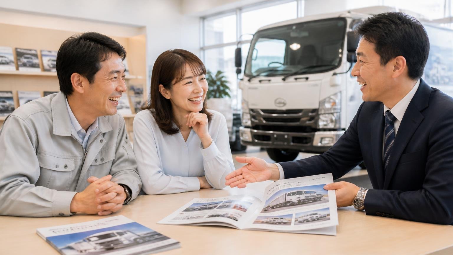下取りや一括査定が合う人もいる、販売店のショールームで新しいトラックのカタログを見ながら担当者と笑顔で話す運送会社の夫婦2人