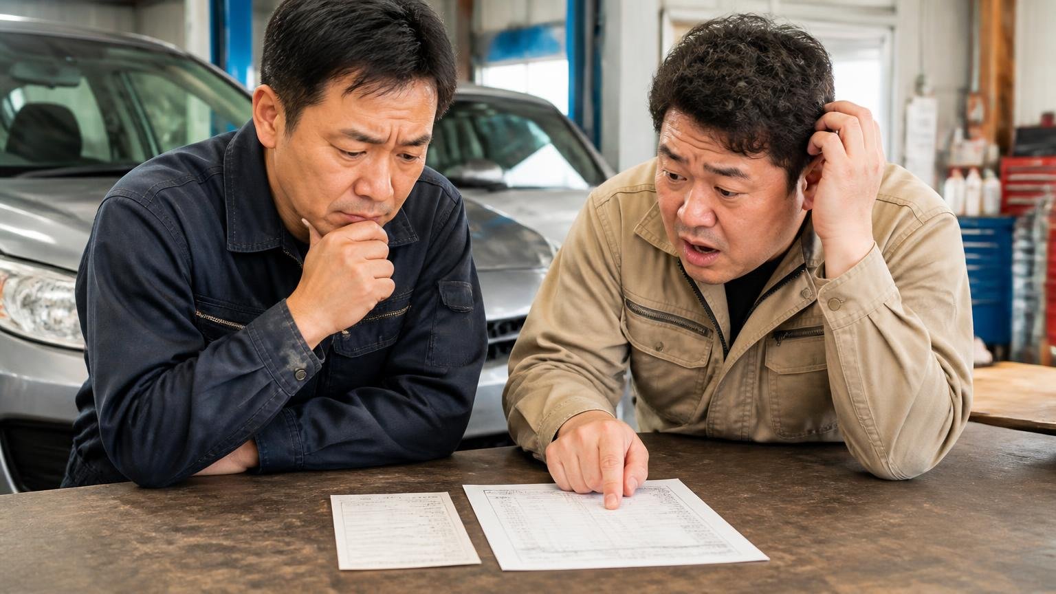 リサイクル料金はどうなるのか。車庫でリサイクル券と見積書を並べて見比べる男性2人