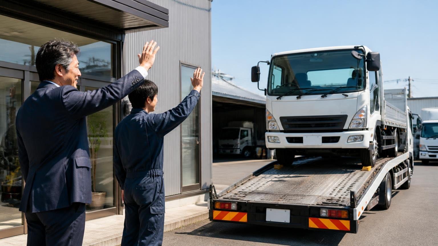入金の時期と方法を引き渡し前に確定させる｜営業所の前で積車に載せられていくトラックを見送る経営者と社員